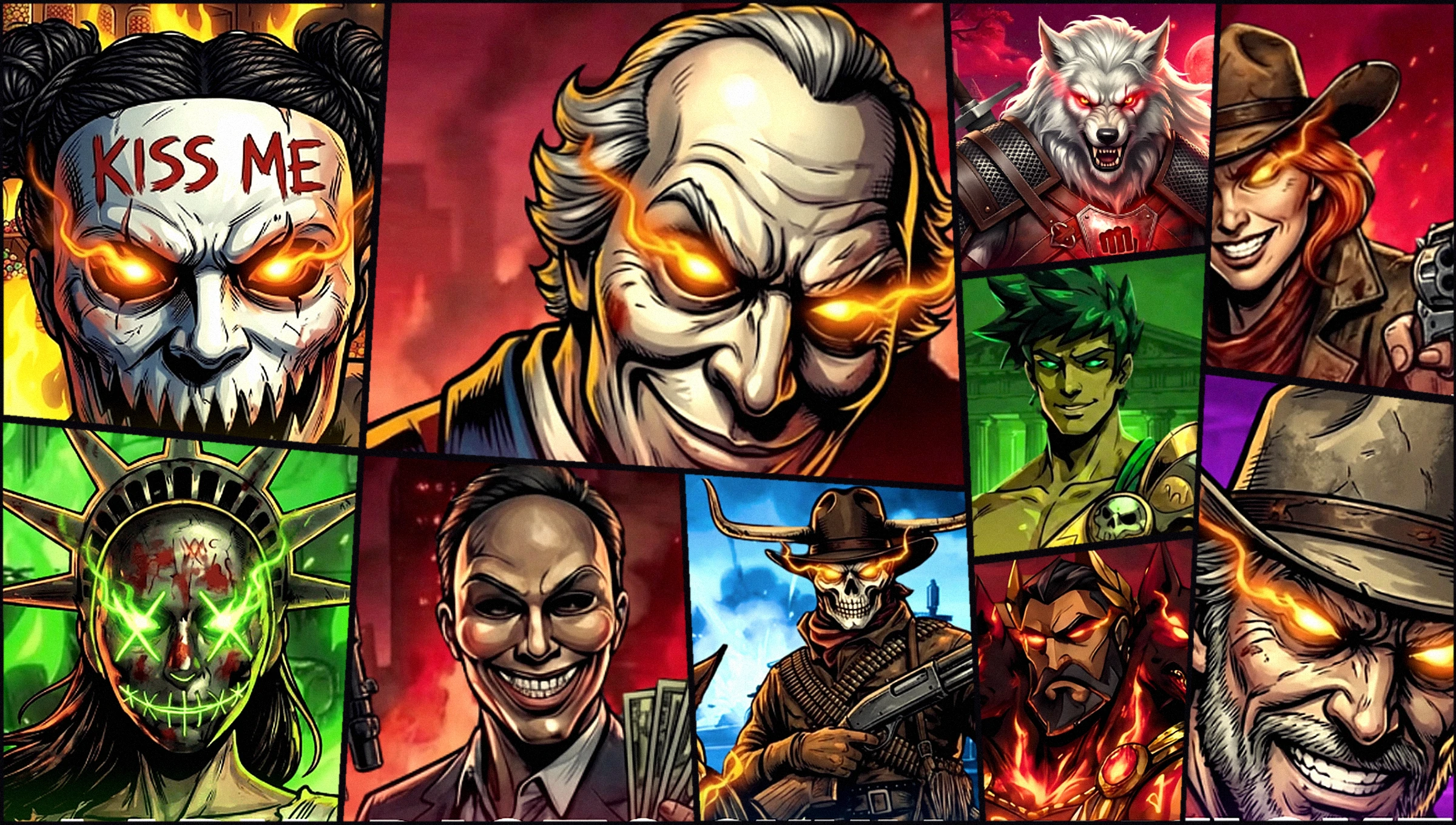 Founding Fathers GTA-style key art panel collage: Da Purge, Skull Rider, Da Father, Breakout, Death Ride, Zagreus, Kiss Me, Riots, Lady Liberty and Wicked Duel
